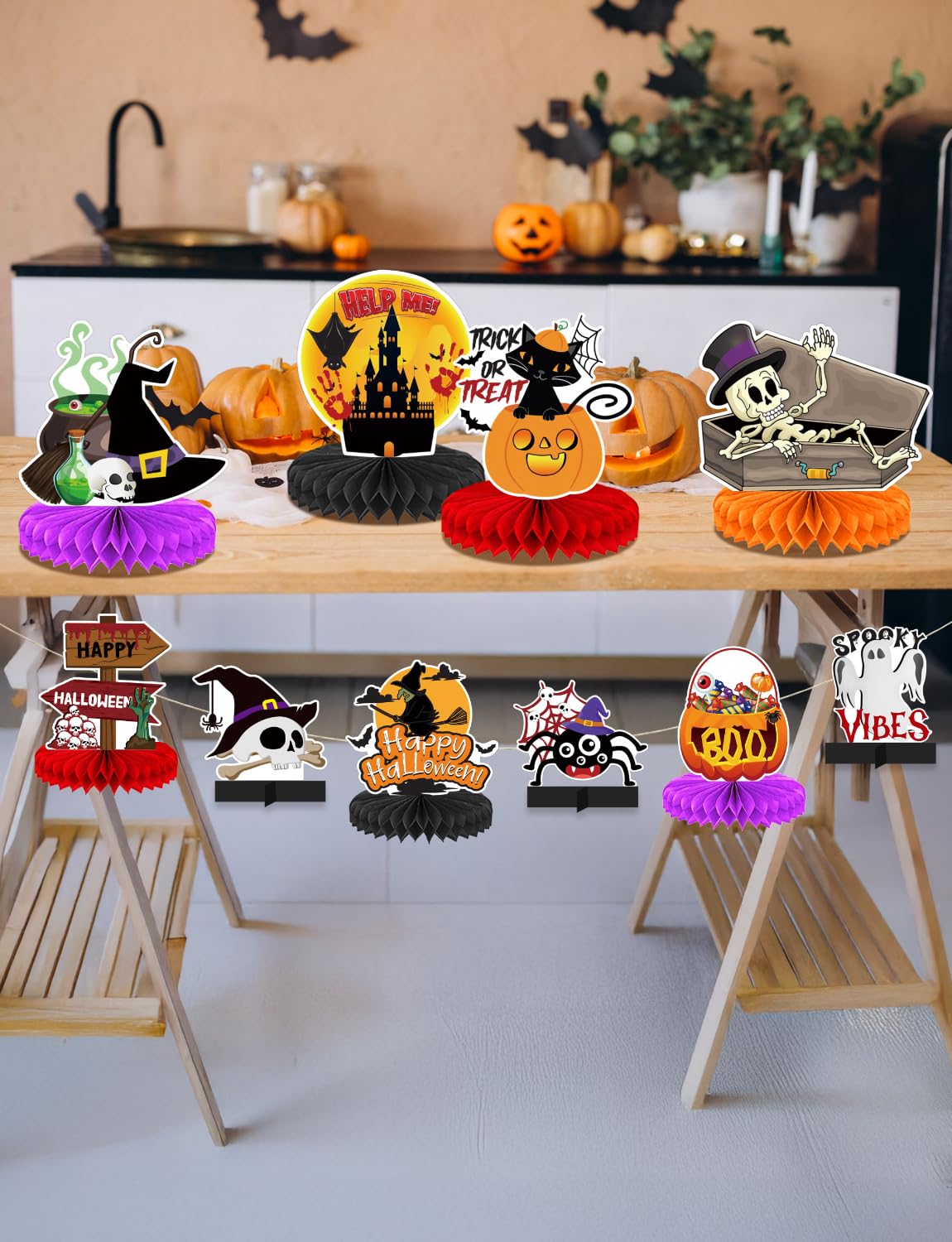 Adeyoo10Pcs Halloween Party Decorations Honeycomb Centerpiece - Halloween Table Decorations Spooky Orange Black Table Centerpieces Pumpkin Ghost Witch Table Topper Decor Indoor Outdoor Supplies