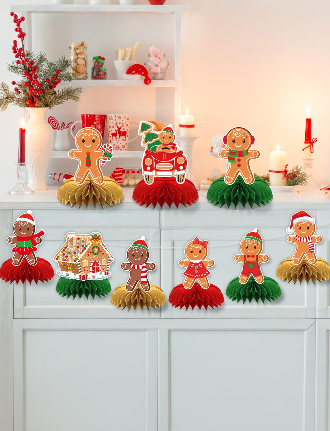Gingerbread Centerpieces for Tables - 9Pcs Christmas Table Decorations 3D Gingerbread Man Honeycomb Centerpieces Xmas Table Toppers Decorations for Merry Christmas Winter Holiday Party Supplies