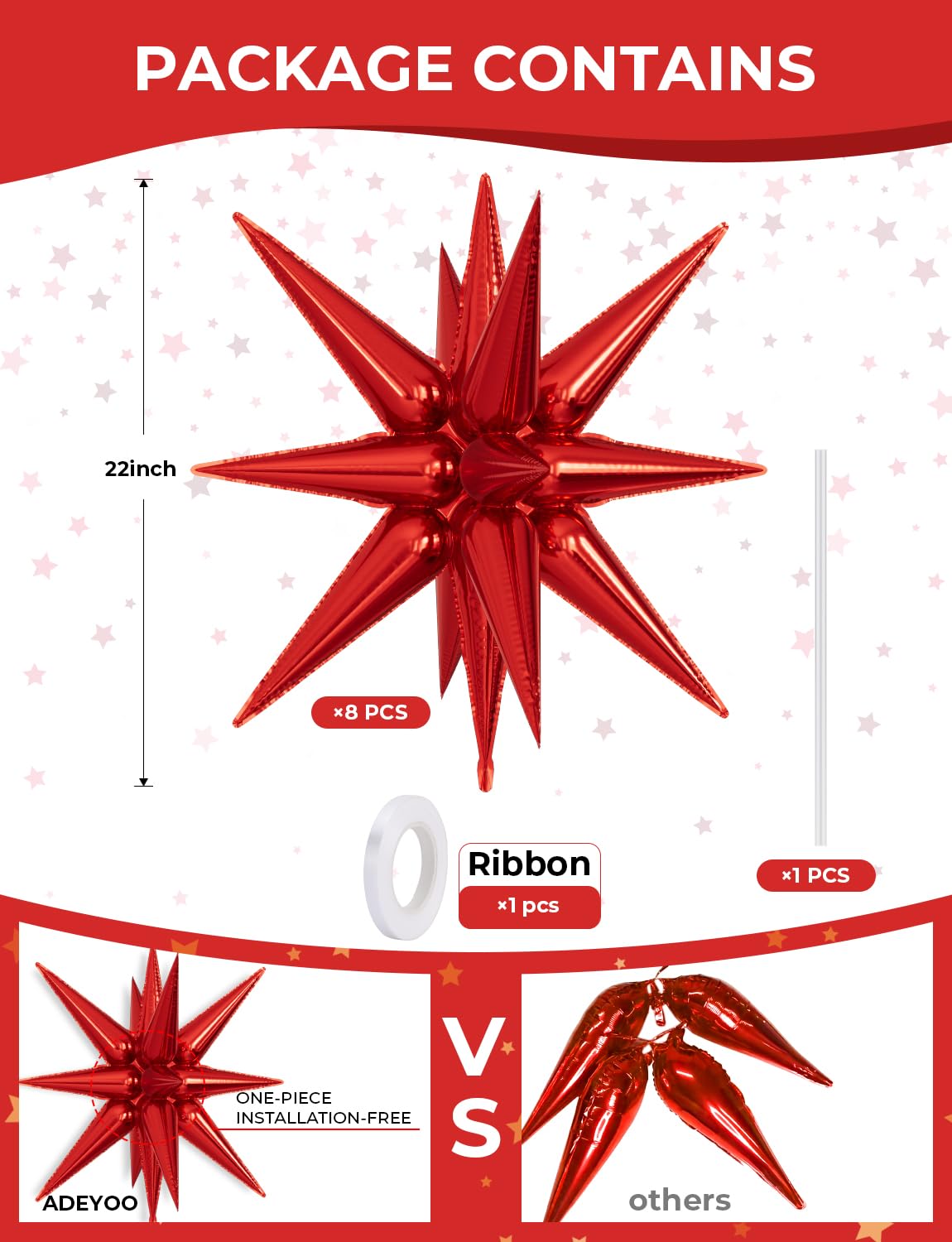 Adeyoo Star Balloons - Red Star Balloons 8 Pcs Foil Explosion Balloon Large One-Piece 14-pointed Starburst Balloon for Birthday Anniversary Wedding Christmas Party Decorations, Photo Backdrop