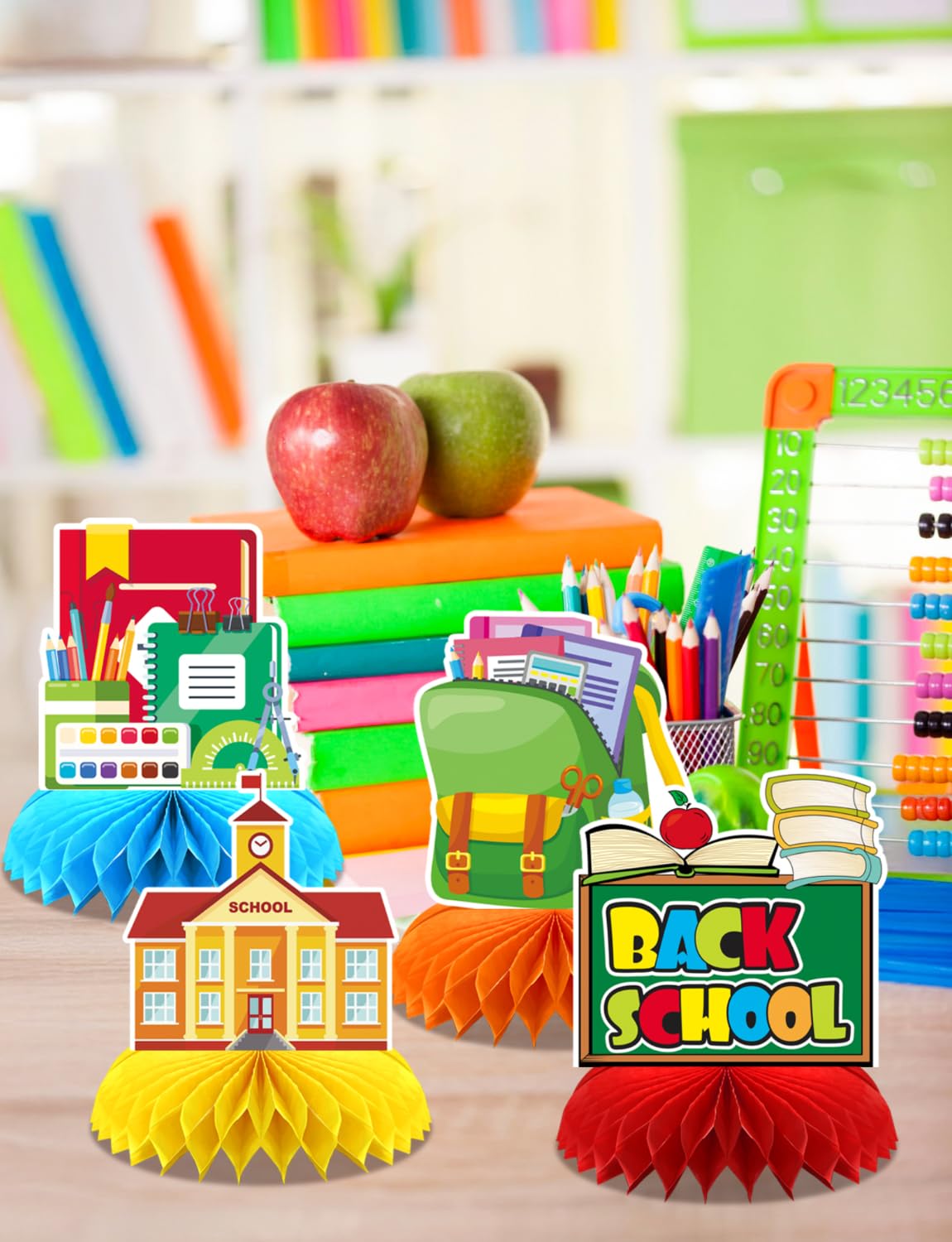 Adeyoo Back to School Table Decorations - 9 Pcs Welcome Back to School centerpieces for tables Bus Stationery Chalkboard Honeycomb Centerpiece Table Toppers for Teachers Students Classroom Supplies