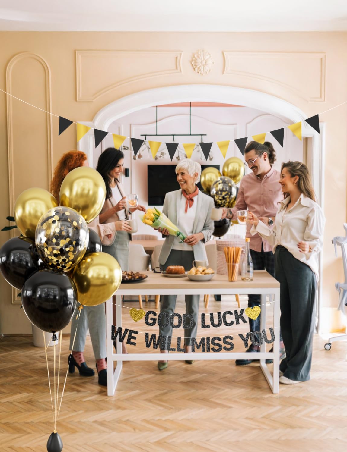 Adeyoo Going Away Party Decorations - Good Luck We Will Miss You Banner Funny Happy Retirement Decorations with Black and Gold Balloons, Triangle Flag for Farewell Goodbye Leaving Job Party Supplies
