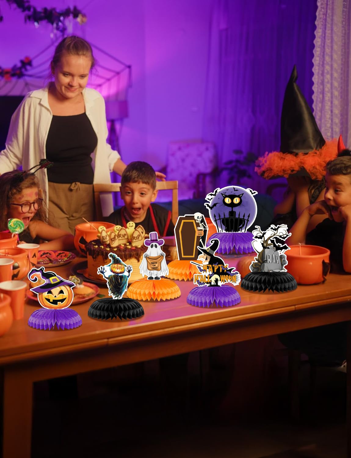 Adeyoo Halloween Table Decorations - 9Pcs Halloween Centerpieces for Tables Black Orange Honeycomb Centerpieces Pumpkin Ghost Witch Cat Table Topper for Spooky Birthday Party Supplies