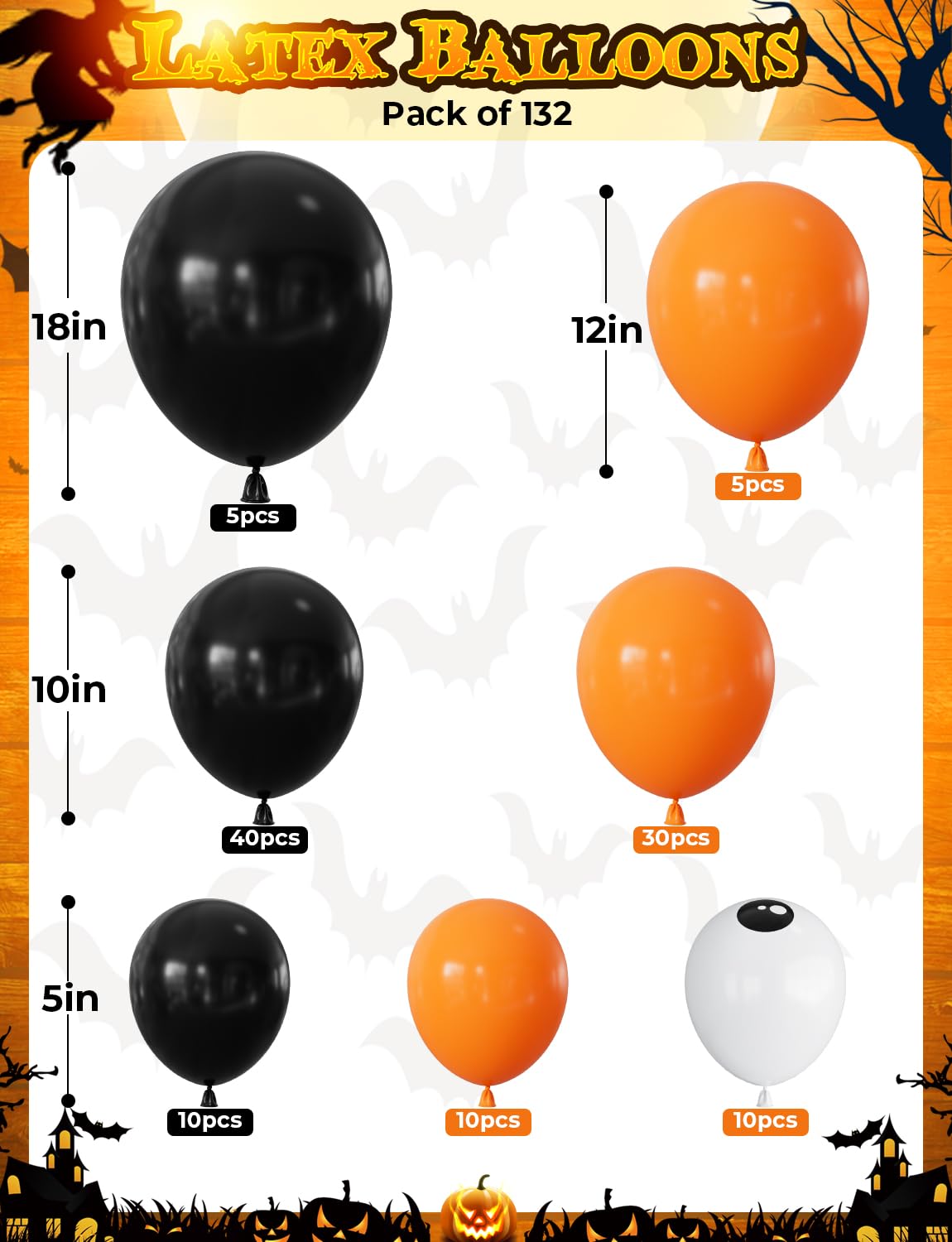 Adeyoo Halloween Balloon Garland Arch Kit - Black and Orange Balloon Arch Kit 132 Pcs Orange Black Balloons with Spooky Eyeball, Boo Balloons for Halloween Day Party Decorations, Indoor/Outdoor