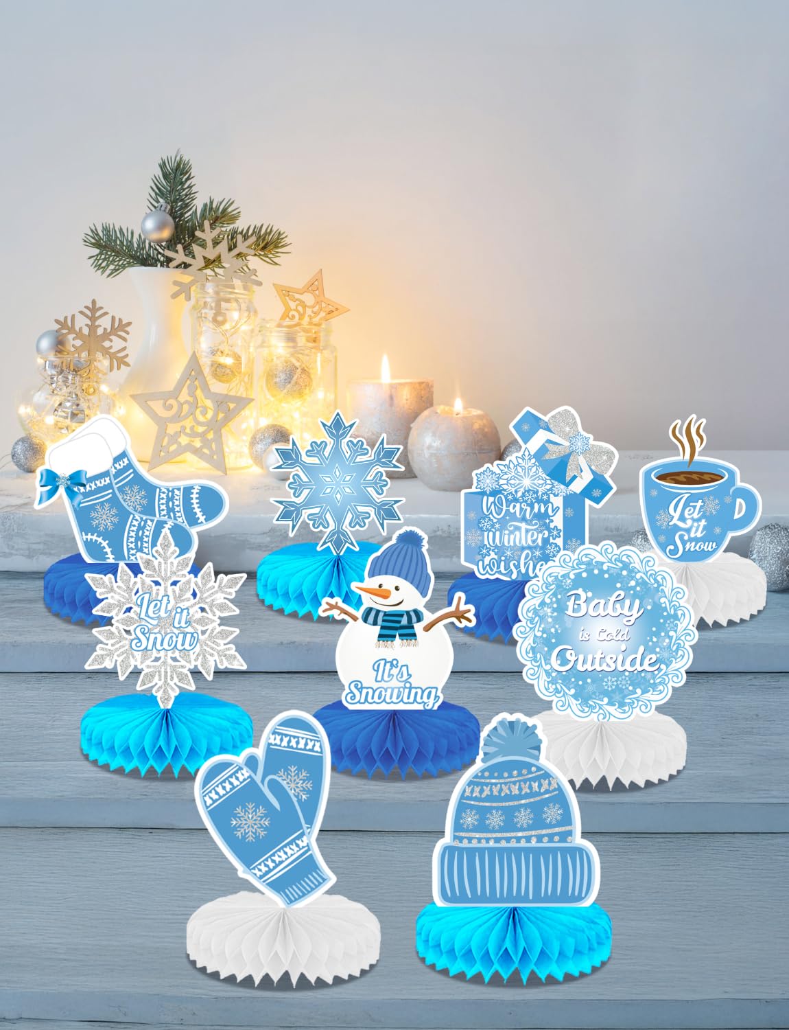 Winter Centerpieces for Table - 9Pcs Snowflake Table Decorations, Let It Snow Party Decorations Snowflake Snowman Honeycomb Centerpieces for Christmas Winter Wonderland Birthday Party Supplies