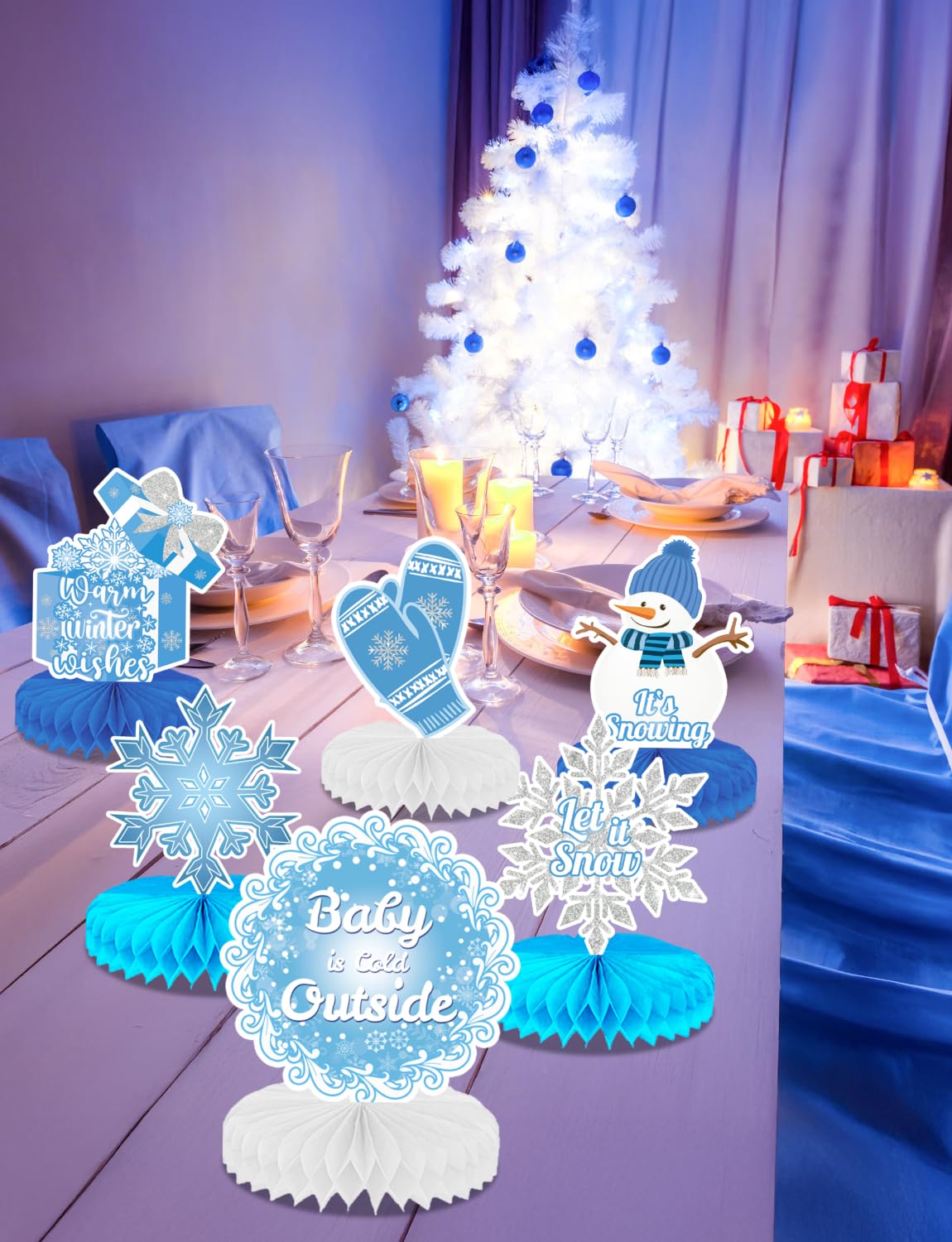 Winter Centerpieces for Table - 9Pcs Snowflake Table Decorations, Let It Snow Party Decorations Snowflake Snowman Honeycomb Centerpieces for Christmas Winter Wonderland Birthday Party Supplies