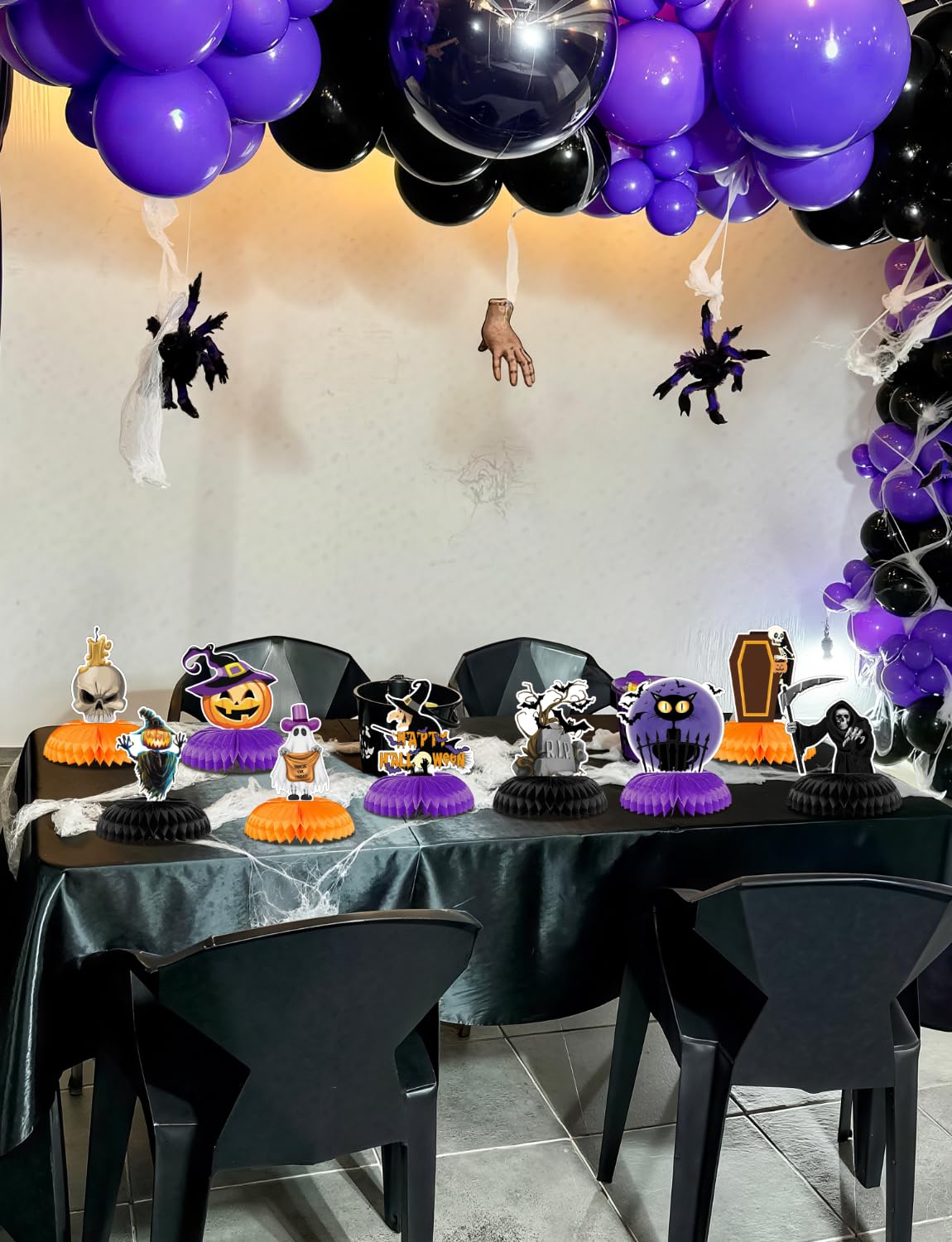 Adeyoo Halloween Table Decorations - 9Pcs Halloween Centerpieces for Tables Black Orange Honeycomb Centerpieces Pumpkin Ghost Witch Cat Table Topper for Spooky Birthday Party Supplies