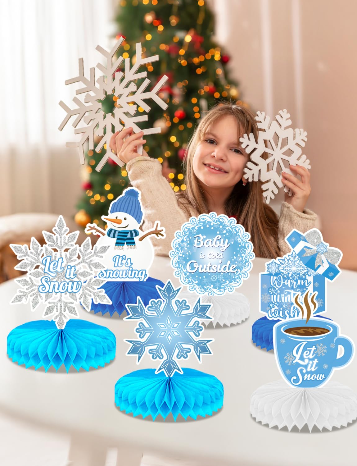 Winter Centerpieces for Table - 9Pcs Snowflake Table Decorations, Let It Snow Party Decorations Snowflake Snowman Honeycomb Centerpieces for Christmas Winter Wonderland Birthday Party Supplies