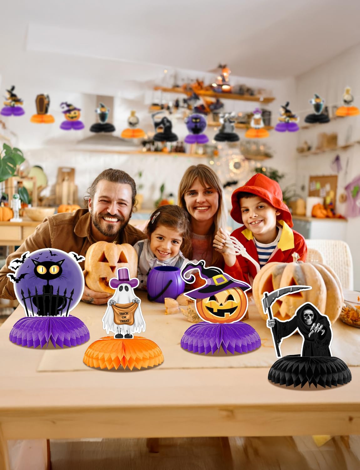 Adeyoo Halloween Table Decorations - 9Pcs Halloween Centerpieces for Tables Black Orange Honeycomb Centerpieces Pumpkin Ghost Witch Cat Table Topper for Spooky Birthday Party Supplies