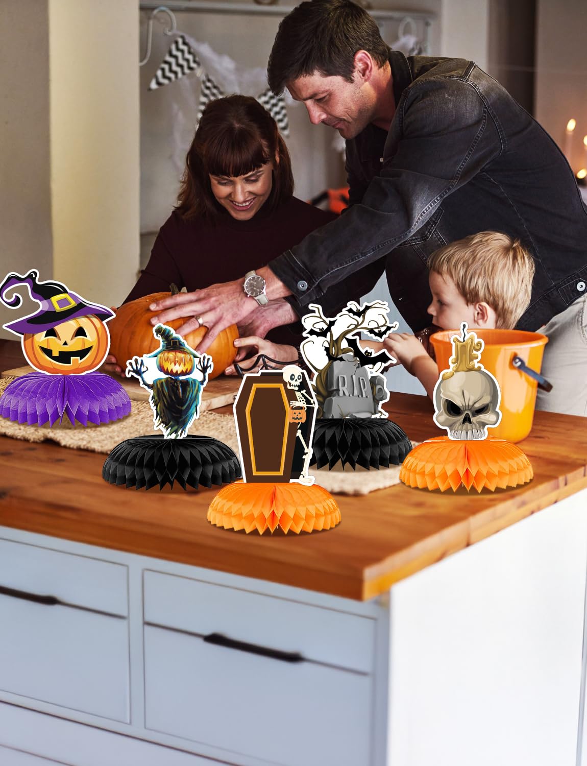 Adeyoo Halloween Table Decorations - 9Pcs Halloween Centerpieces for Tables Black Orange Honeycomb Centerpieces Pumpkin Ghost Witch Cat Table Topper for Spooky Birthday Party Supplies