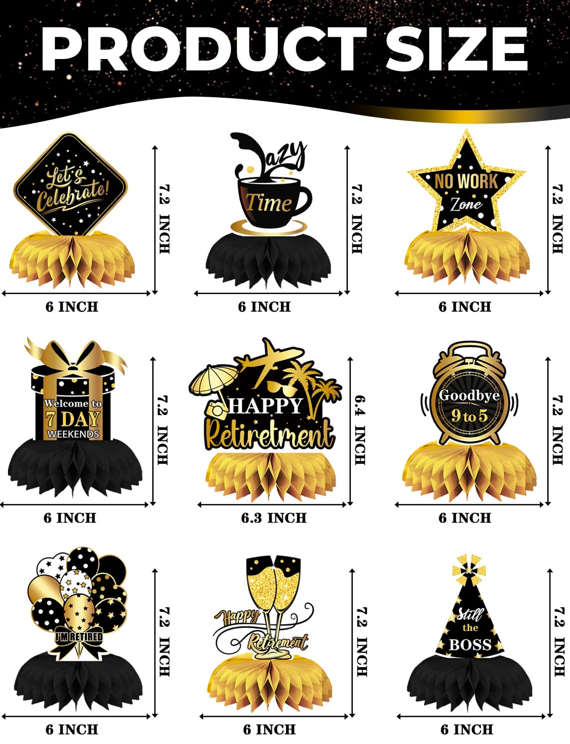 Adeyoo Retirement Table Decorations - Black and Gold Retirement Decorations 9Pcs Retired Honeycomb Centerpieces Table Toppers for Goodbye Farewell Party Supplies for Men Women, Photo Booth Props
