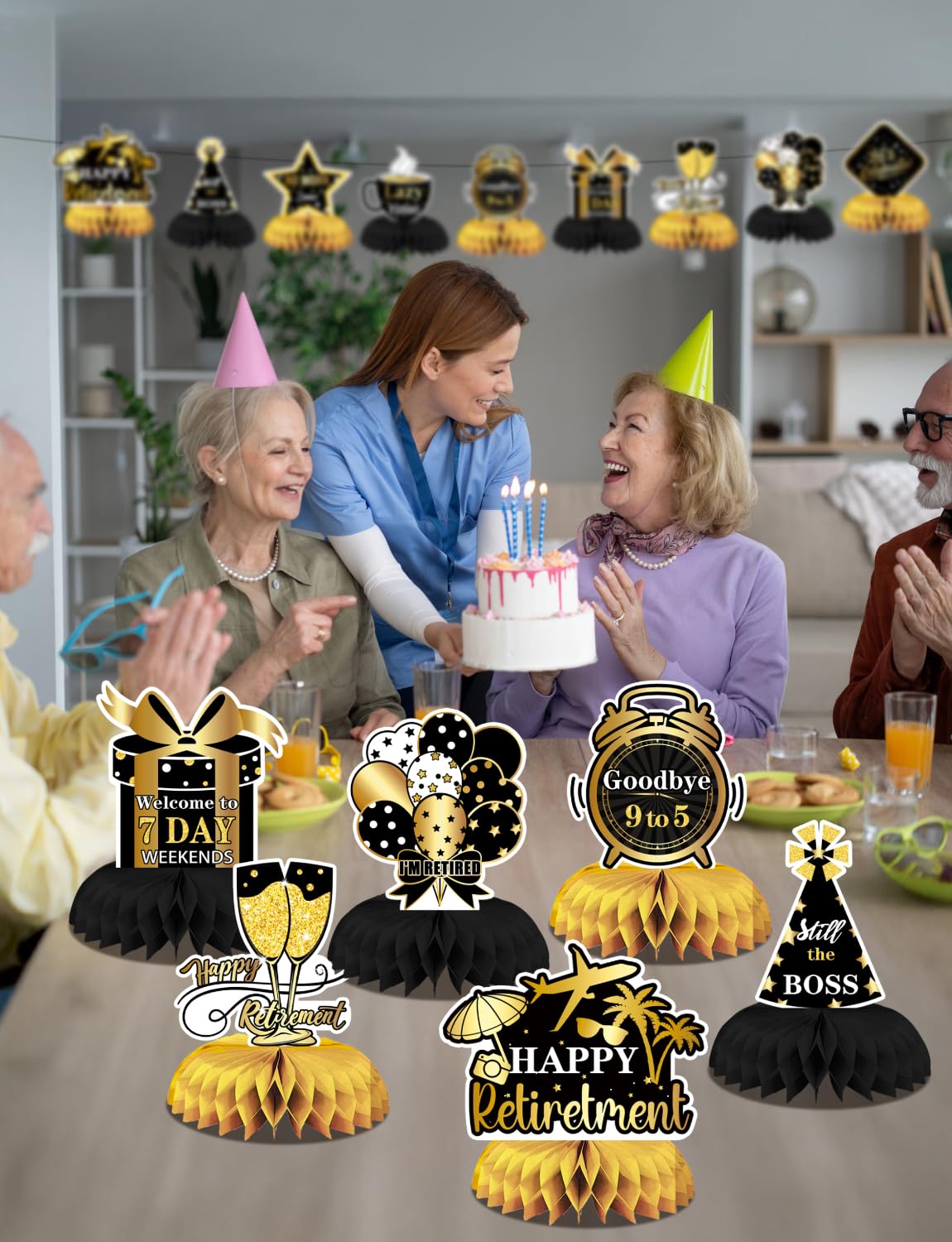 Adeyoo Retirement Table Decorations - Black and Gold Retirement Decorations 9Pcs Retired Honeycomb Centerpieces Table Toppers for Goodbye Farewell Party Supplies for Men Women, Photo Booth Props