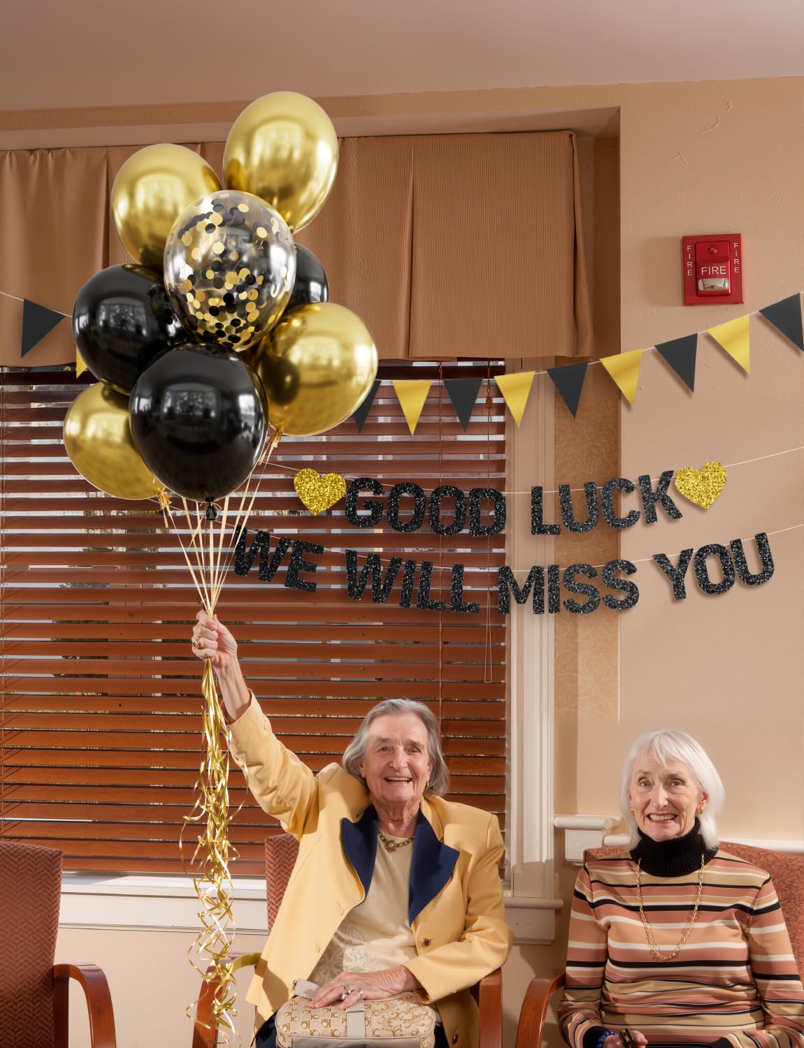 Adeyoo Going Away Party Decorations - Good Luck We Will Miss You Banner Funny Happy Retirement Decorations with Black and Gold Balloons, Triangle Flag for Farewell Goodbye Leaving Job Party Supplies