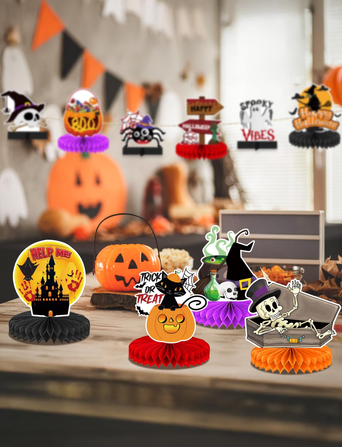 Adeyoo10Pcs Halloween Party Decorations Honeycomb Centerpiece - Halloween Table Decorations Spooky Orange Black Table Centerpieces Pumpkin Ghost Witch Table Topper Decor Indoor Outdoor Supplies