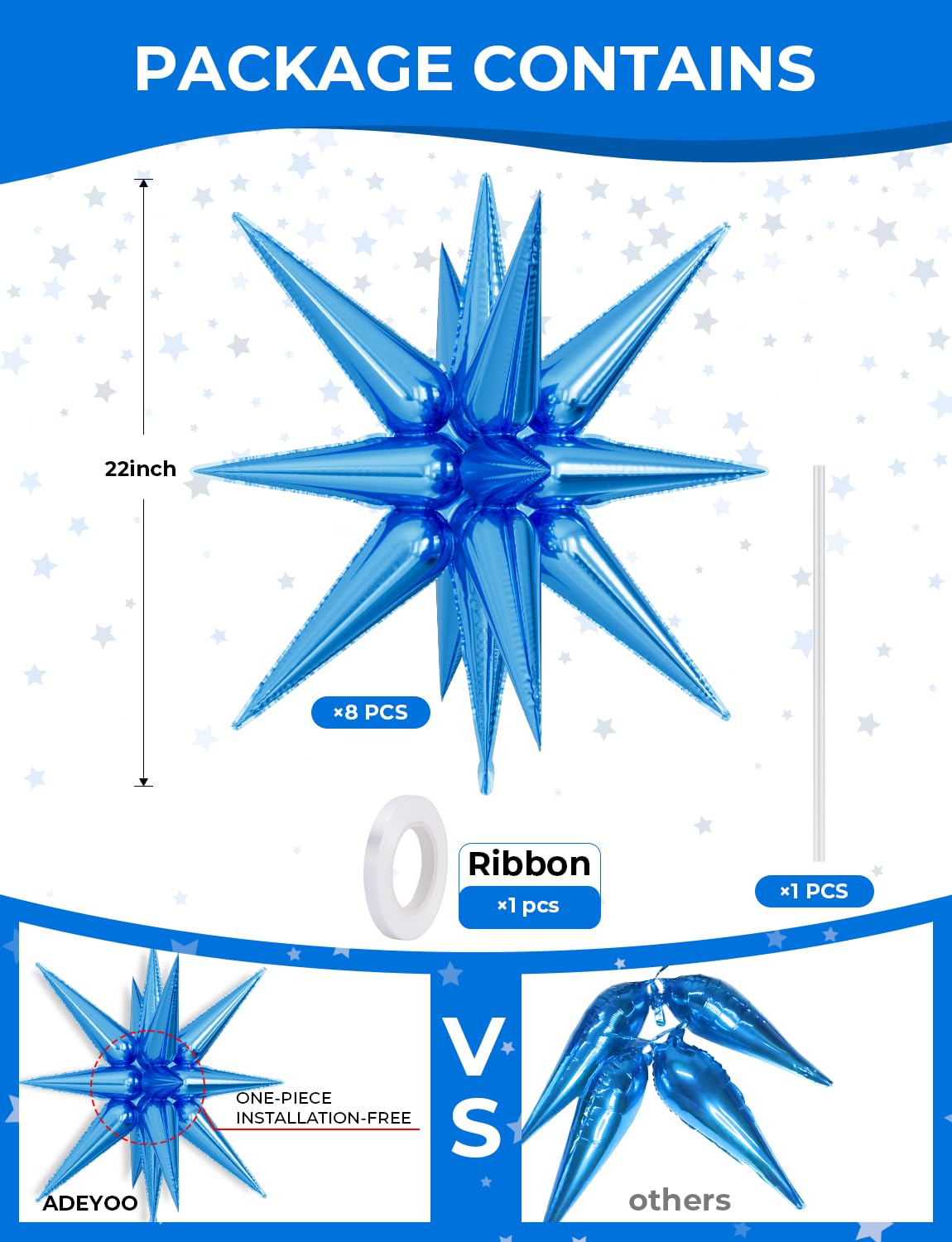 Adeyoo Blue Star Balloons - 8 Pcs Blue Foil Balloons One-Piece 14-Pointed Spike Balloon 22 Inch Large Starburst Balloons for Birthday Wedding Gender Reveal Party Decorations