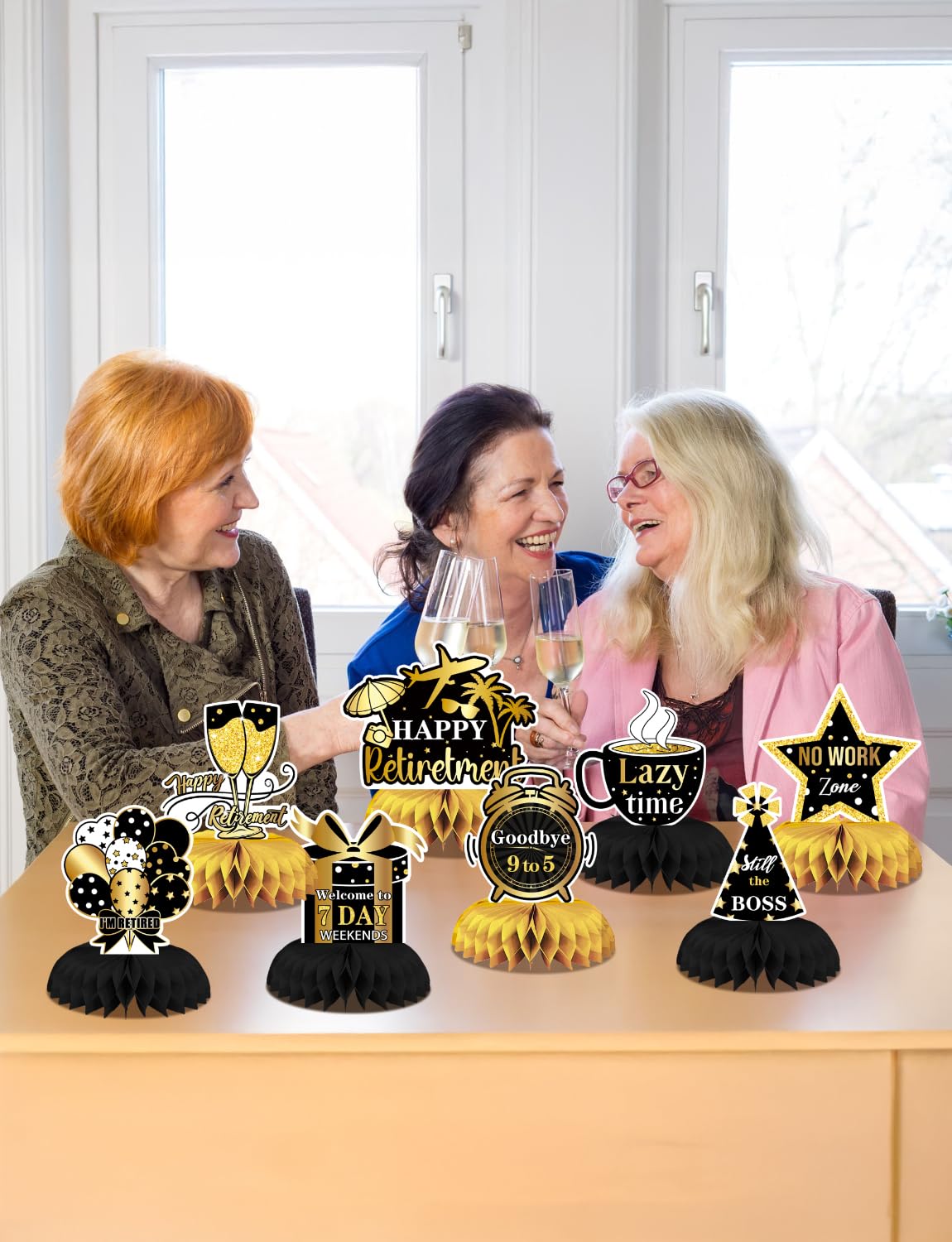 Adeyoo Retirement Table Decorations - Black and Gold Retirement Decorations 9Pcs Retired Honeycomb Centerpieces Table Toppers for Goodbye Farewell Party Supplies for Men Women, Photo Booth Props