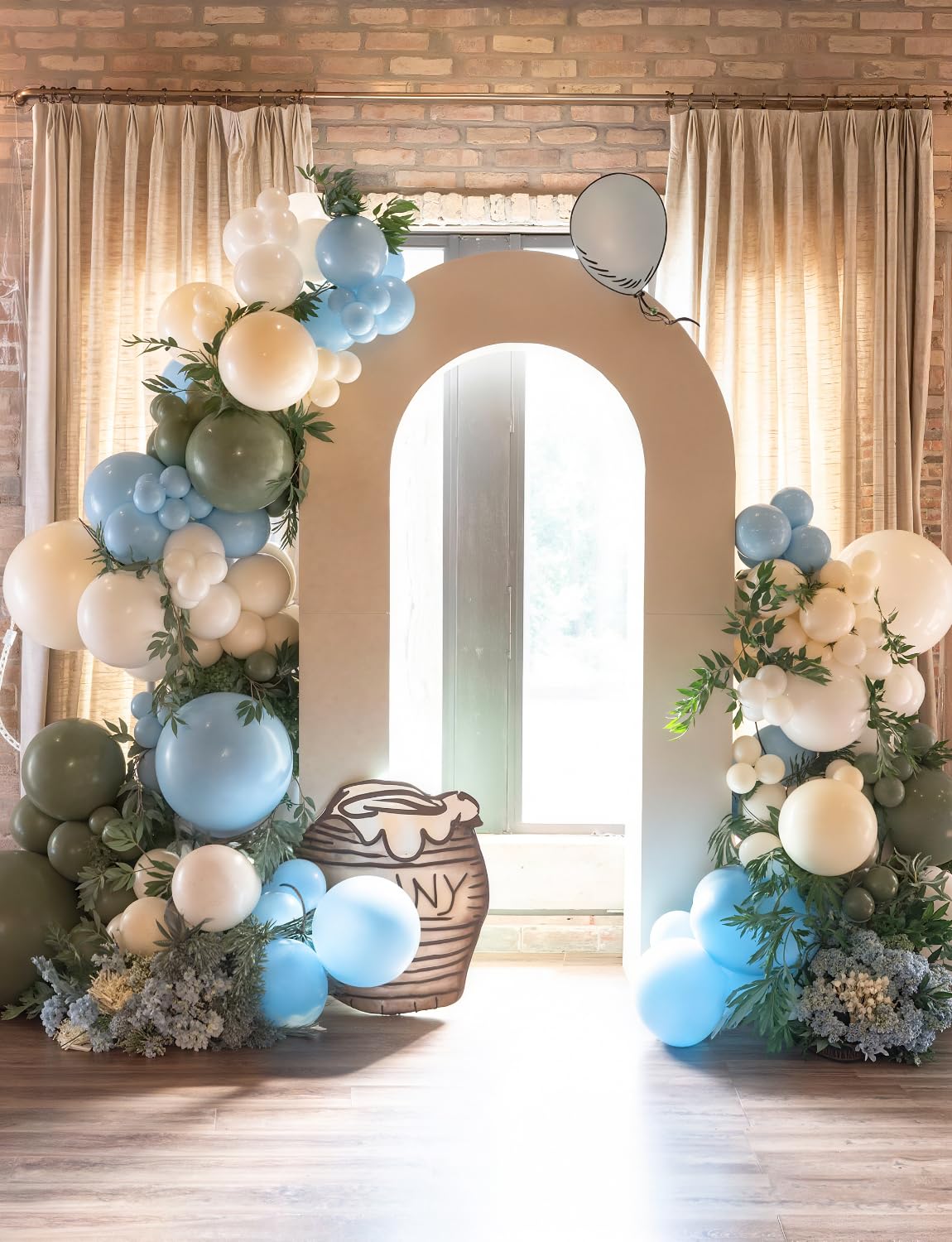 Adeyoo Dusty Blue Green Balloon Garland Arch Kit - Ash Mist Green Balloons Haze Fog Blue Balloons Sand White Gold Latex Balloon for Baby Shower Jungle Safari Woodland Birthday Party Decorations