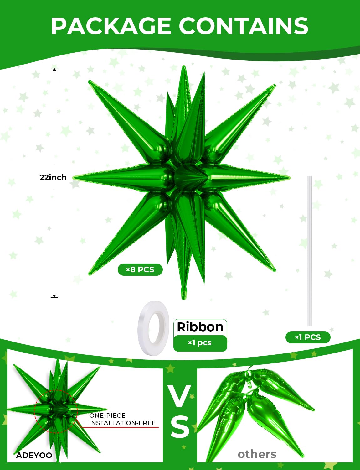 Adeyoo Green Star Balloons - 8 Pcs Green Foil Balloons Magic One-Piece 14-Pointed Mylar Spike Balloon 4D Starburst Balloon for Birthday Wedding Christmas Safari Jungle Party Decorations, Backdrops