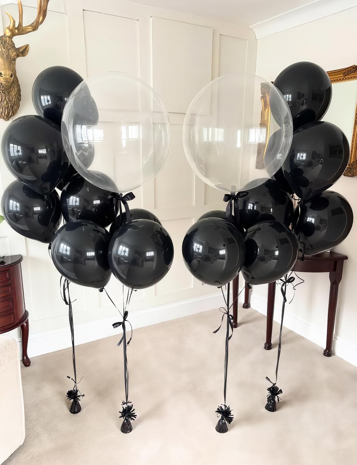 Adeyoo Black Balloons 12 Inch - Black Latex Balloons Round Latex Balloon with Ribbons, Shiny Party Balloon for Garland or Arch, Birthday Retirement Wedding Party Decorations, Photo Backdrop Supplies