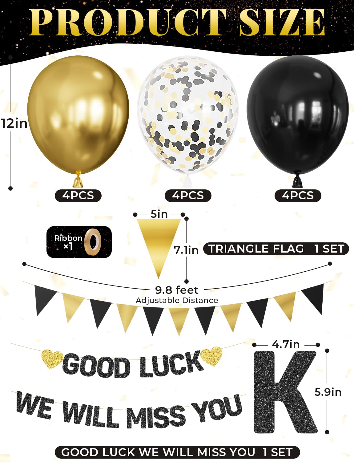 Adeyoo Going Away Party Decorations - Good Luck We Will Miss You Banner Funny Happy Retirement Decorations with Black and Gold Balloons, Triangle Flag for Farewell Goodbye Leaving Job Party Supplies