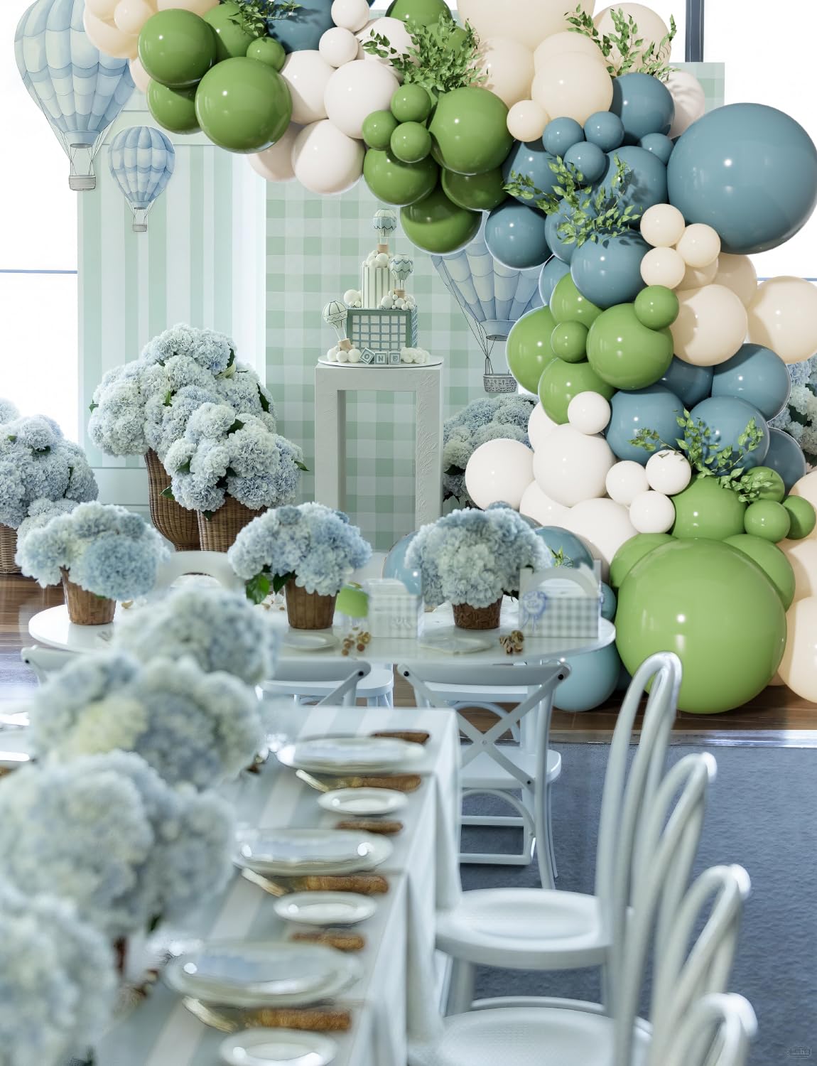 Adeyoo Dusty Blue Sage Green Balloon Arch Kit - Sage Green and White Balloons Dusty Blue Latex Balloon Sand WhiteParty Balloons for Baby Shower Birthday Wedding Jungle Safari Party Decorations, 143Pcs