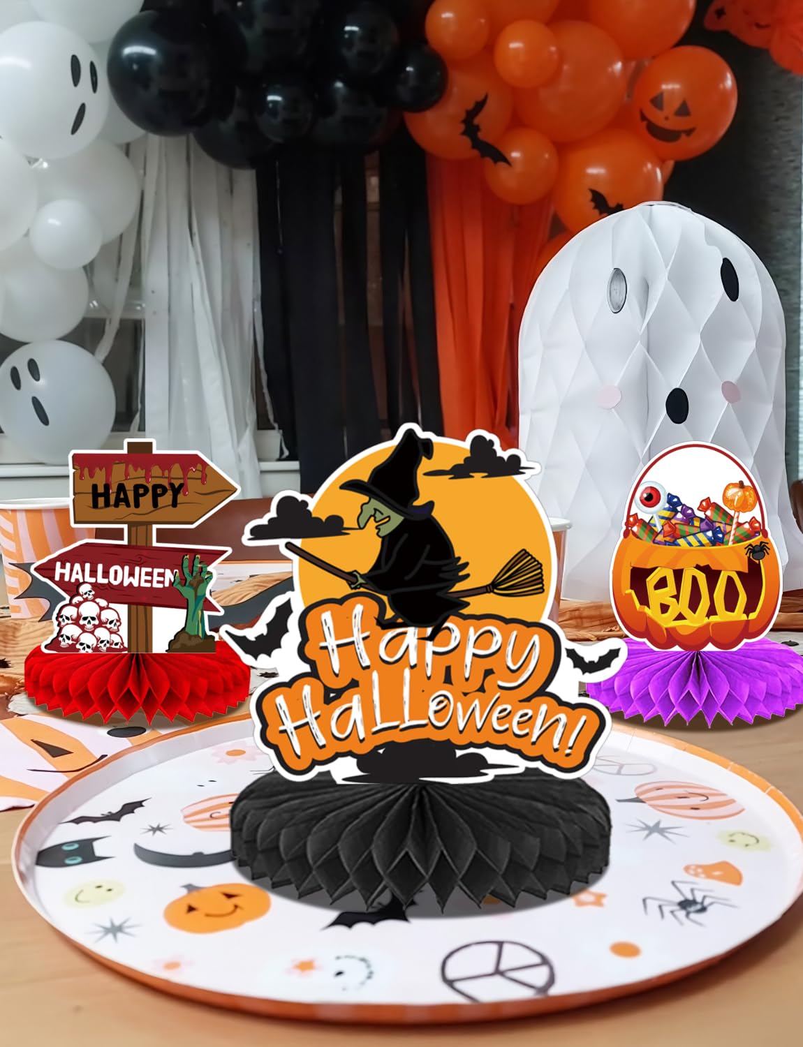 Adeyoo10Pcs Halloween Party Decorations Honeycomb Centerpiece - Halloween Table Decorations Spooky Orange Black Table Centerpieces Pumpkin Ghost Witch Table Topper Decor Indoor Outdoor Supplies