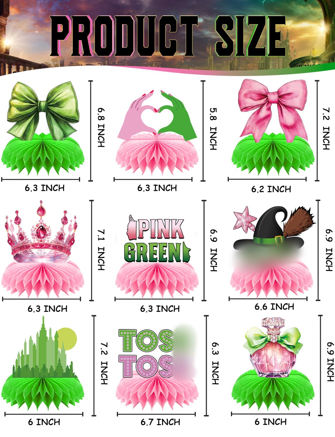 Adeyoo Witch Table Decorations - 9 Pcs Witch Theme Party Decorations Centerpiece for Table Green and Pink Honeycomb Centerpieces Toppers for Princess Birthday Magical Party Supplies