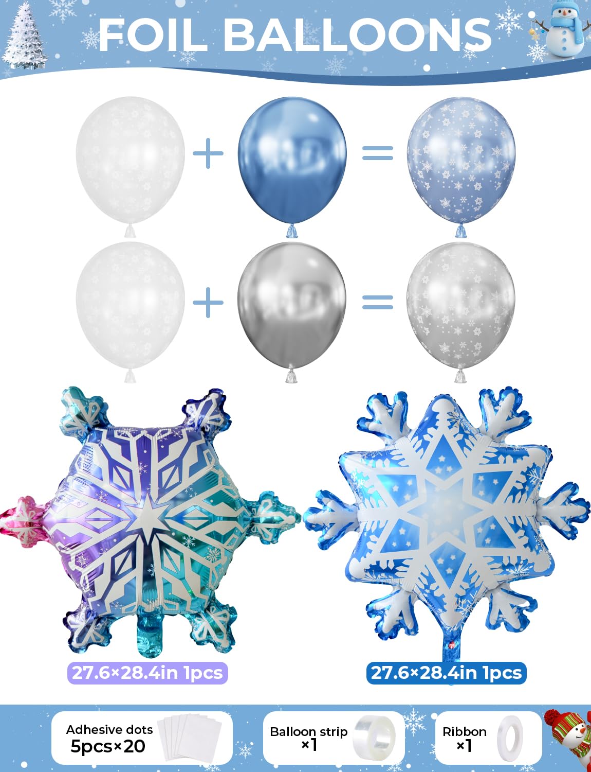 Snowflake Balloon Arch Garland Kit - 132Pcs Winter Wonderland Balloon Arch with Blue Silver White Balloons, Snowflake Foil Balloons for Winter Christmas Princess Theme Party Decorations