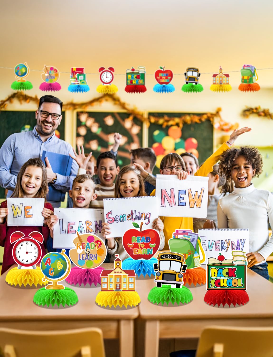 Adeyoo Back to School Table Decorations - 9 Pcs Welcome Back to School centerpieces for tables Bus Stationery Chalkboard Honeycomb Centerpiece Table Toppers for Teachers Students Classroom Supplies