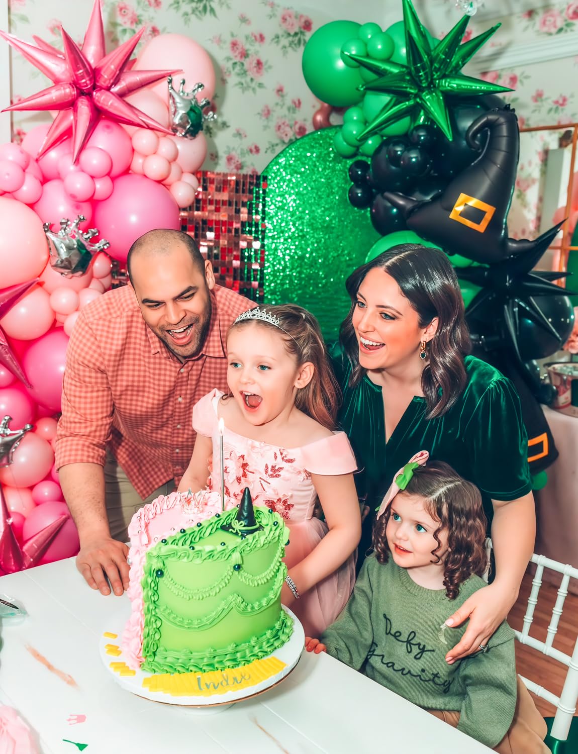 Adeyoo Pink and Green Balloon Garland Arch Kit - Wicked Balloon Arch with Foil Fringe Curtains, Witch Hat Balloons Crown Star Broom Balloons for Princess Wicked Birthday Fairy Wonderlad Party Supplies