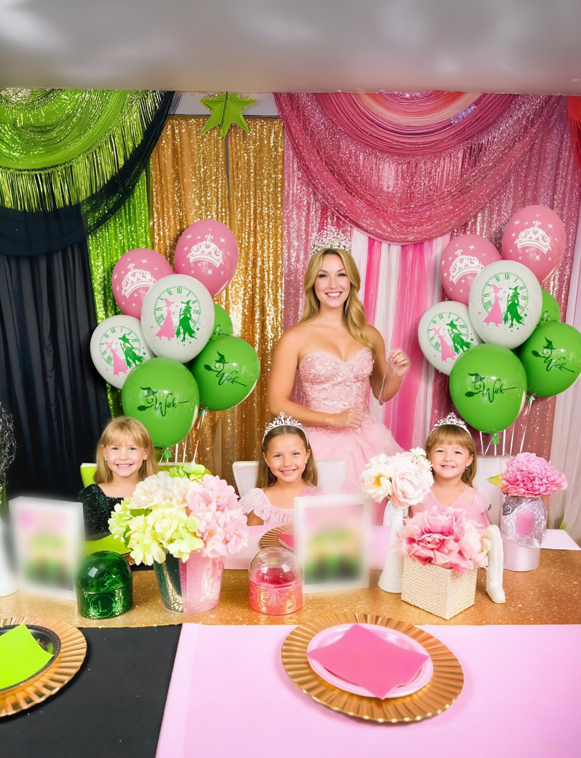 Adeyoo Pink and Green Balloons- Witch Themed Balloons 12 Inch Print Latex Balloon Set with White Balloon Witch Birthday Party Decorations for Princess Baby Shower Fairy Jungle Wedding Party Supplies