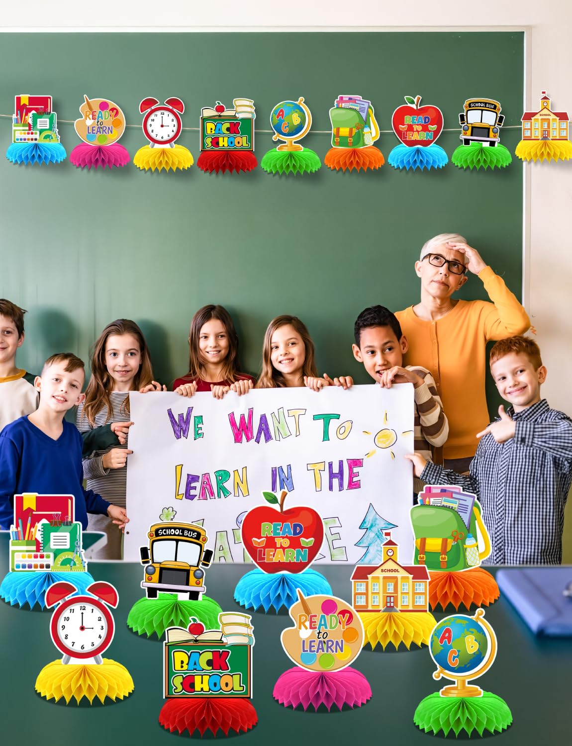 Adeyoo Back to School Table Decorations - 9 Pcs Welcome Back to School centerpieces for tables Bus Stationery Chalkboard Honeycomb Centerpiece Table Toppers for Teachers Students Classroom Supplies