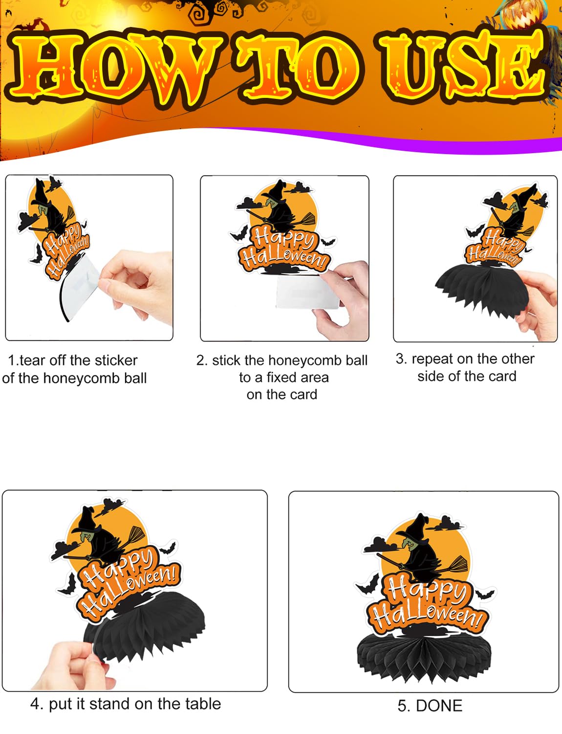 Adeyoo10Pcs Halloween Party Decorations Honeycomb Centerpiece - Halloween Table Decorations Spooky Orange Black Table Centerpieces Pumpkin Ghost Witch Table Topper Decor Indoor Outdoor Supplies