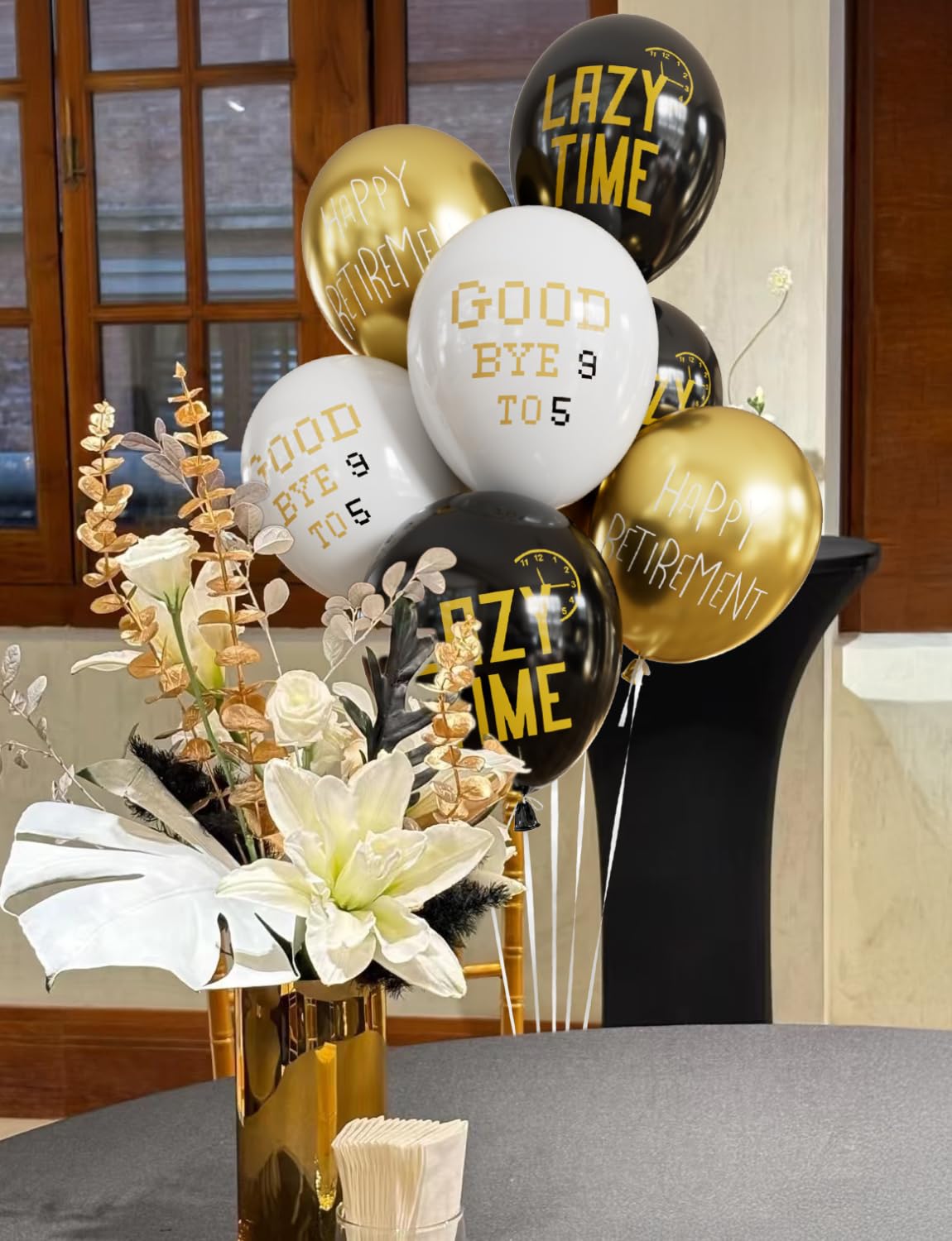 Adeyoo Retirement Balloons - 12 Inch Black Gold and White Balloons Funny Happy Retirement Decorations Print Latex Balloon for Men Women Coworkers Goodbye Farewell Party Supplies, Indoor Outdoor