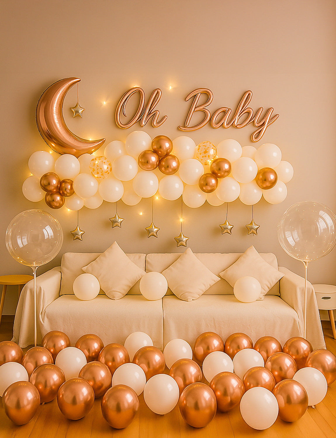 Adeyoo Rose Gold Party Decorations, 58Pcs Rose Gold and White Balloons Glitter Confetti Balloons Moon Star Foil Balloon with String Lights for Girls Women Baby Shower Mother's Day Party Supplies