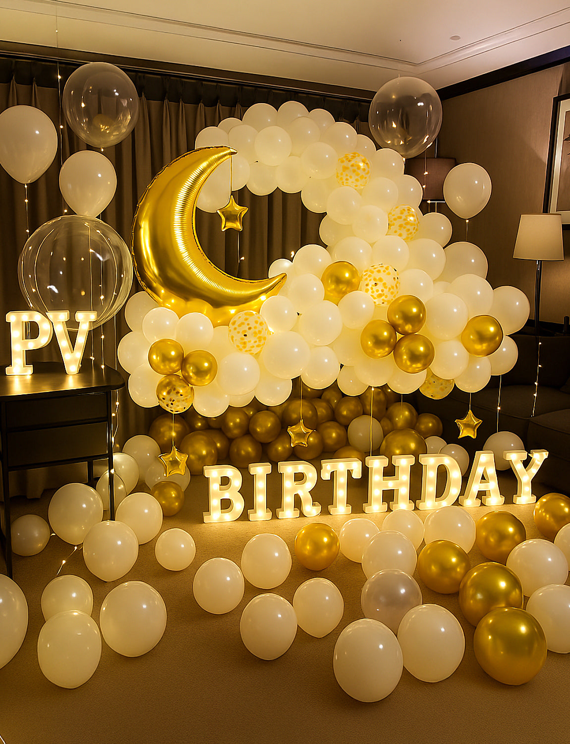 Adeyoo White and Gold Party Decorations, 58Pcs Gold White Balloons Glitter Confetti Balloons Moon Star Foil Balloon, LED String Lights Decorations for Boys Girls Baby Shower Birthday Party Supplies