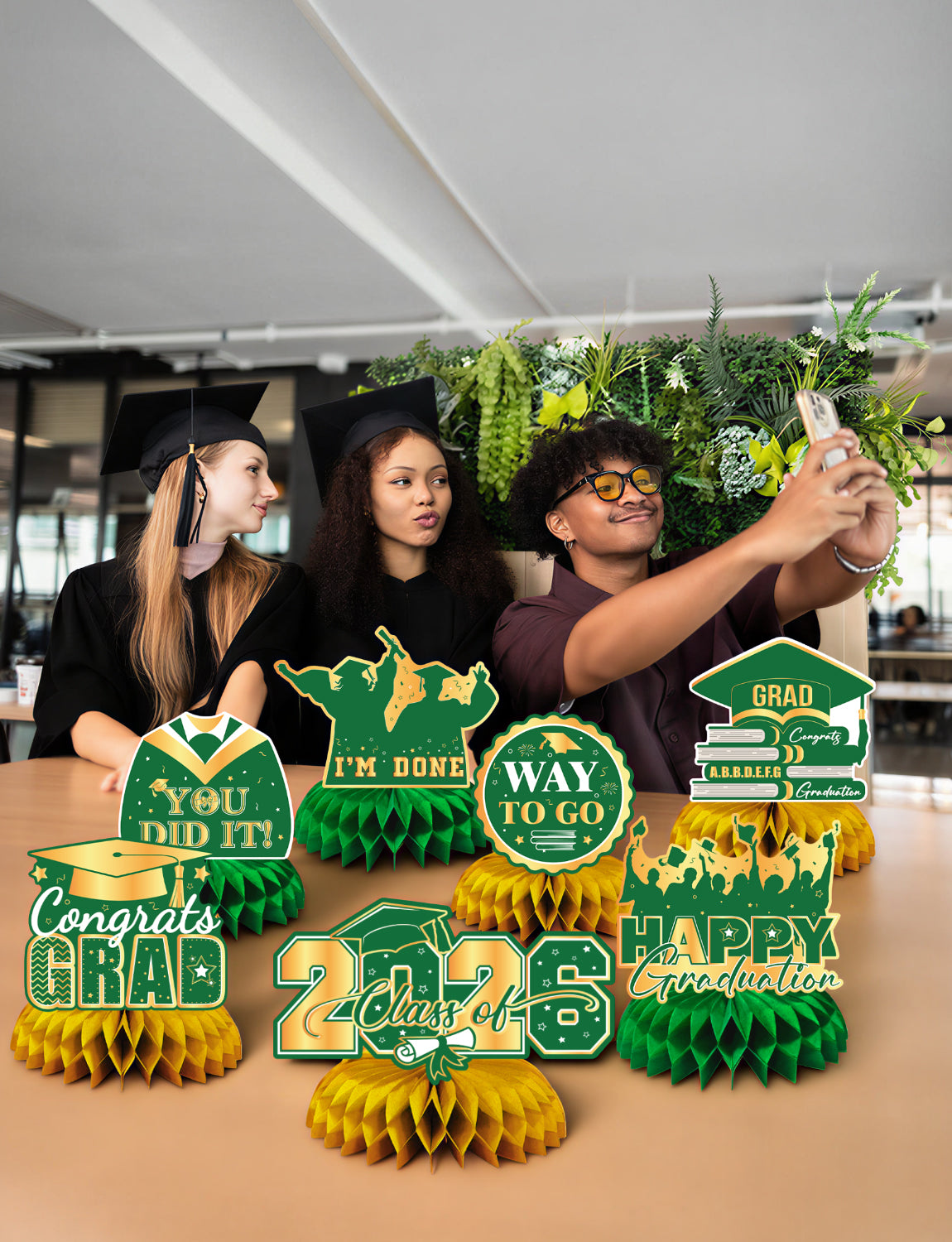Graduation Table Decorations Class of 2026, 9Pcs Graduation Centerpieces for Tables Green Gold Honeycomb Centerpiece Congrats Grad Table Toppers Congratulate Decorations for Grad Party Supplies