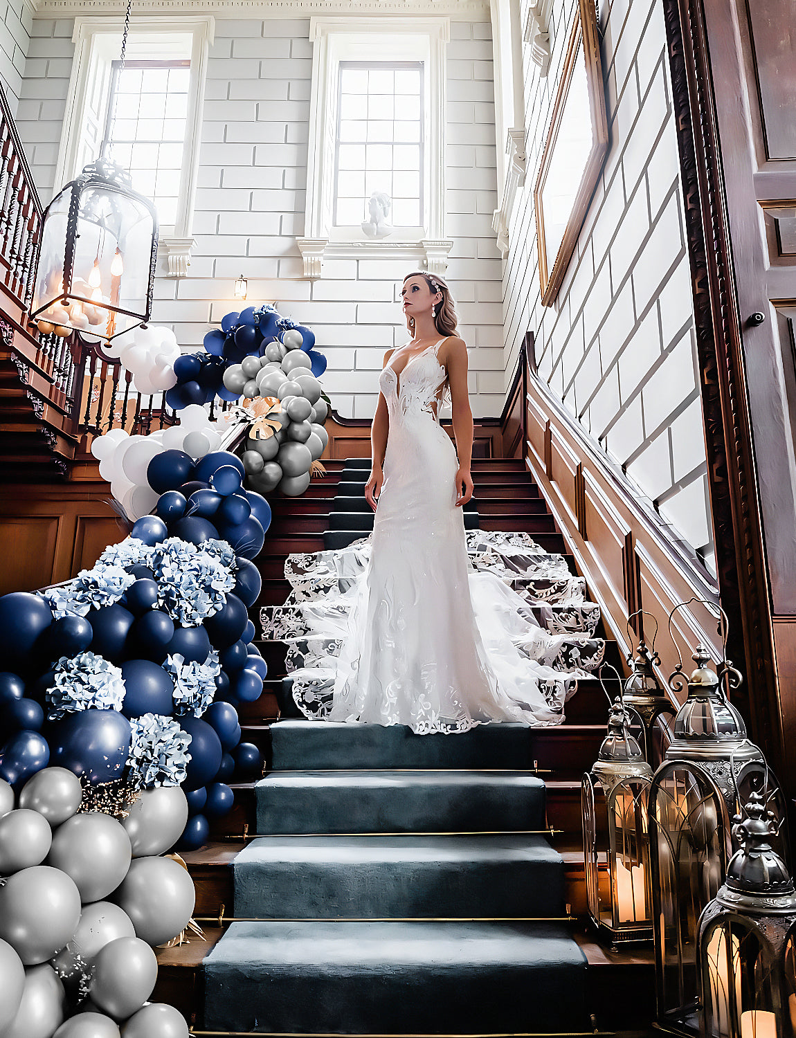 Navy Blue and Silver Balloon Arch Kit Garland - 134Pcs Blue and Silver Balloon Arch Kit, Navy White Balloons with Silvery Confetti Balloons for Birthday Baby Shower Wedding Graduation Party Decoration