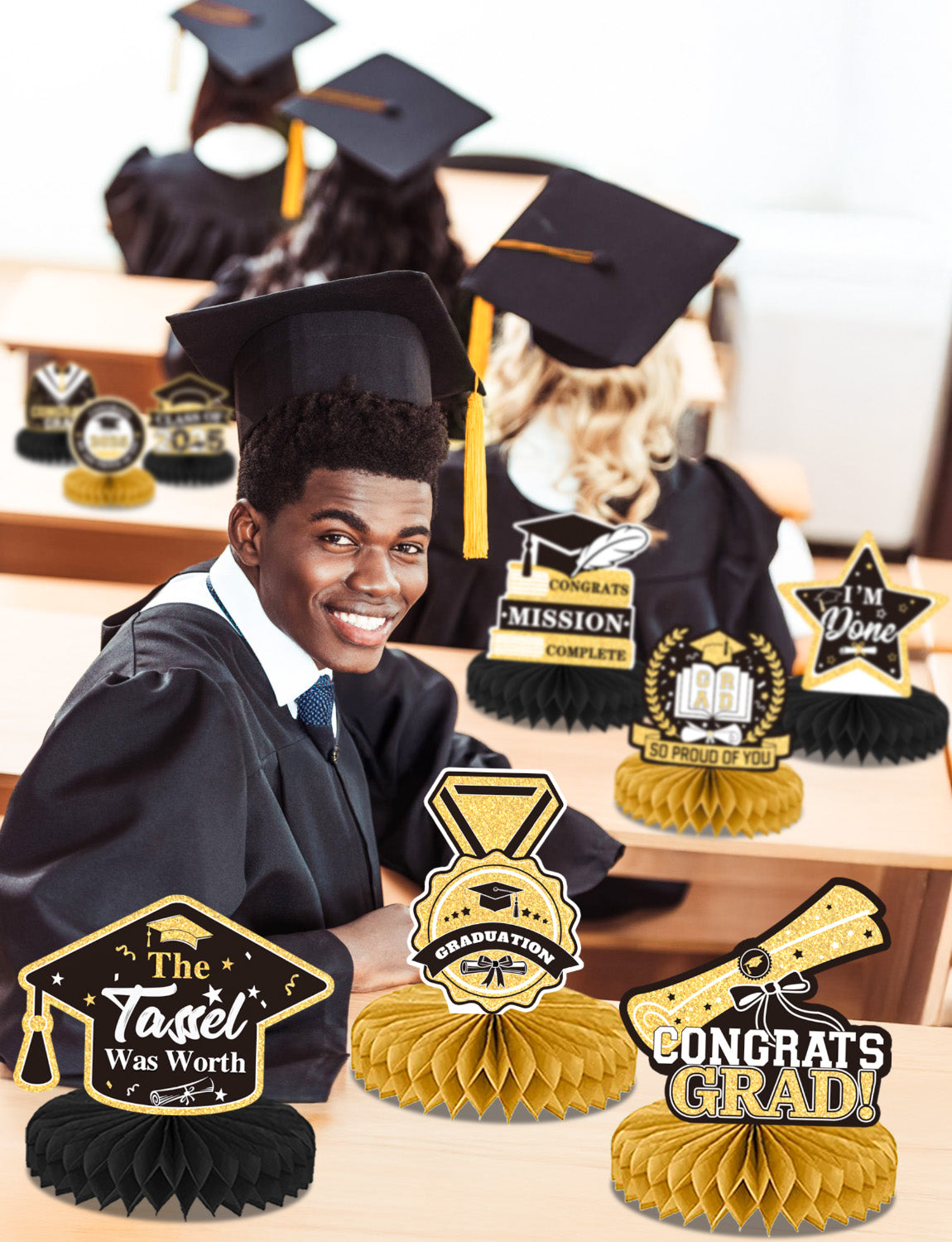 Adeyoo Graduation Centerpieces for Tables 2025, 9Pcs Graduation Table Decorations Black and Gold Honeycomb Centerpiece Class of 2025 Congratulate Table Toppers Congrats Grad Party Supplies