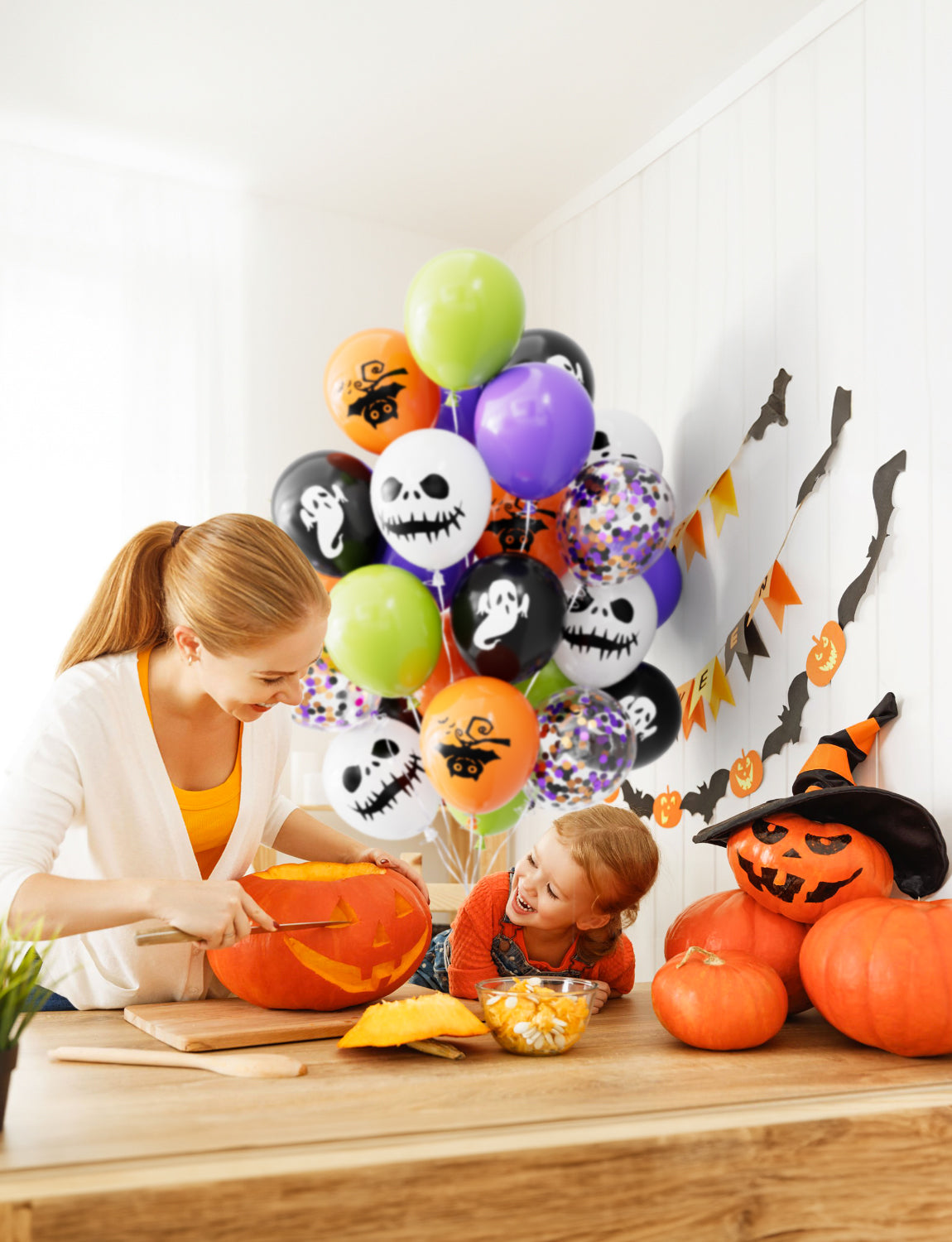 Adeyoo Halloween Balloons Decorations,60pcs 12 Inch Black Orange Balloons Set Purple Green Latex Balloons Fun Confetti Balloons Ghost Bat Skeleton Print Balloons for Halloween Birthday Party Supplies