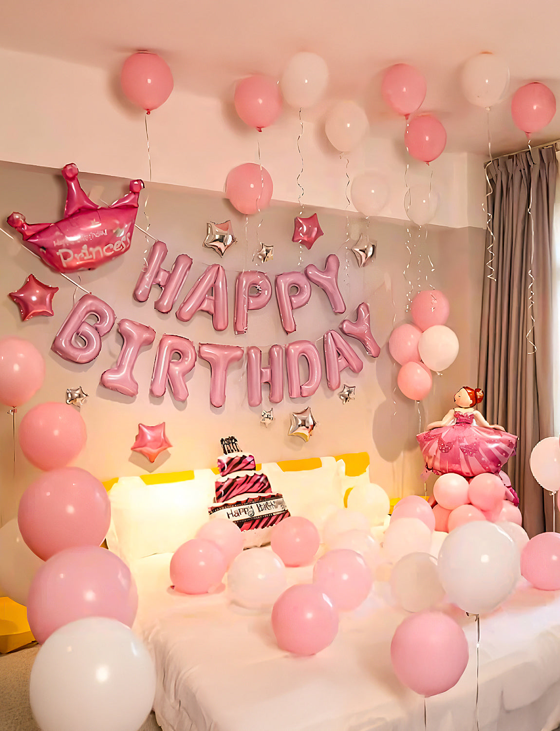 Pink Happy Birthday Decorations, 84Pcs Pink and White Balloons with Happy Birthday Balloon Banner,Cloud Balloons Foil Balloons Latex Balloons for Women Girls Birthday Princess Party Supplies