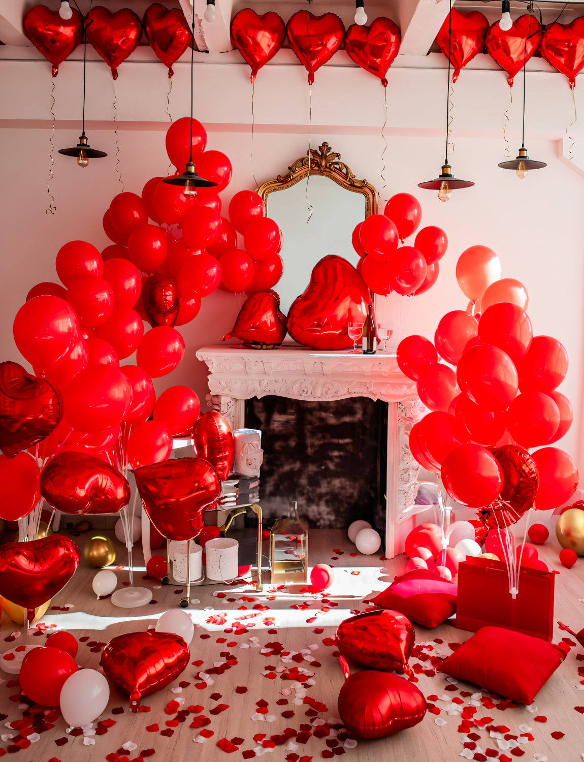 Adeyoo Valentines Day Balloons Kit,106Pcs Red Heart Balloons with 300Pcs Rose Petals,I Love You Balloons Valentines Foil Balloons for Him/Her Wedding Anniversary Romantic Decorations Special Night
