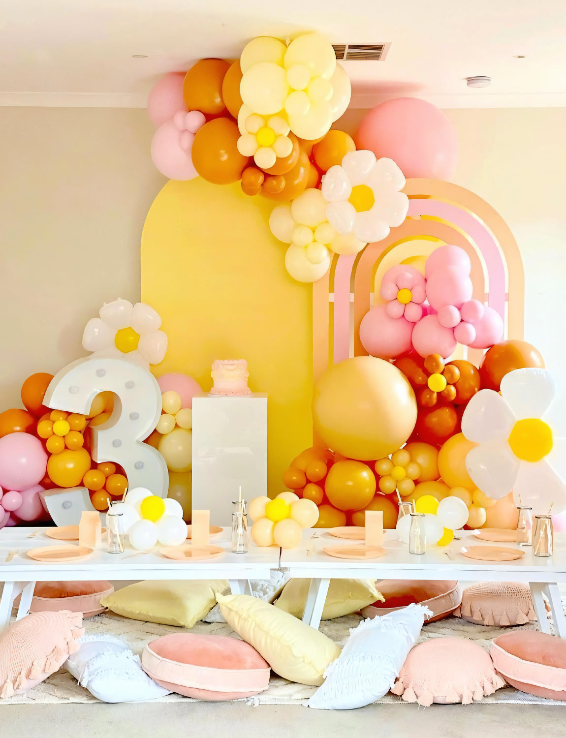 Adeyoo Boho Daisy Balloon Arch Garland Kit, 136Pcs Groovy Balloons Set with Pink Yellow Orange Nude Balloons, Daisy Flower Foil Balloons for Two Groovy Birthday Baby Shower Wedding Party Decorations
