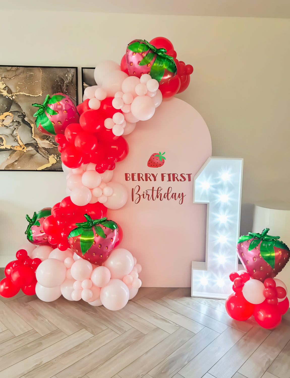 Adeyoo Strawberry Balloon Arch Garland Kit,130Pcs Pink Red Balloons with Large Strawberry Foil Balloons, Red Polka Dot Balloons, Green Balloons for Girl Berry First/Sweet One Birthday Party Decoration