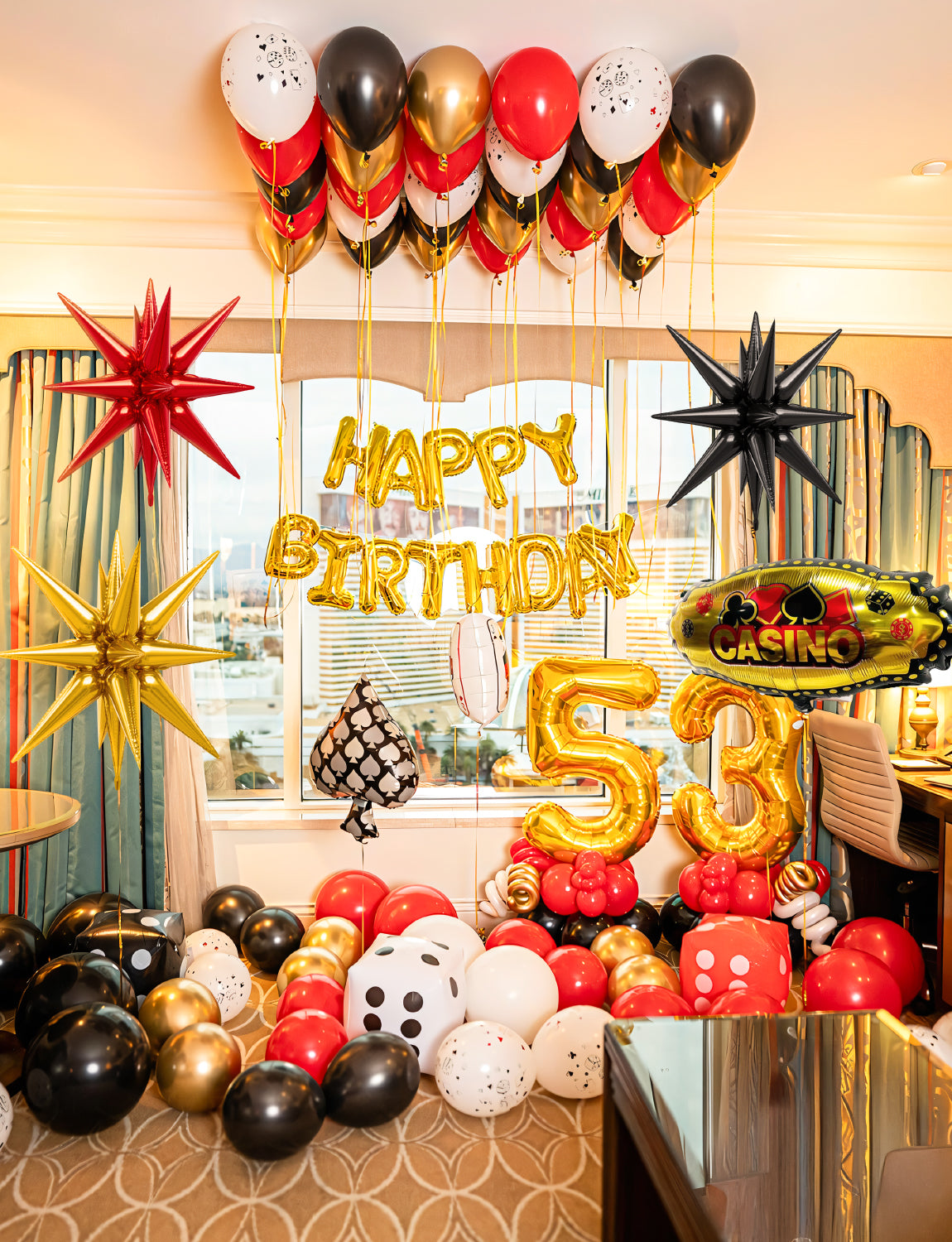 Adeyoo Casino Balloon Arch Garland Kit,149Pcs Casino Balloons Set Red Black and Gold Balloons with Dice, Starburst Foil Balloons for Casino Birthday Las Vegas Game Night Poker Theme Party Decorations