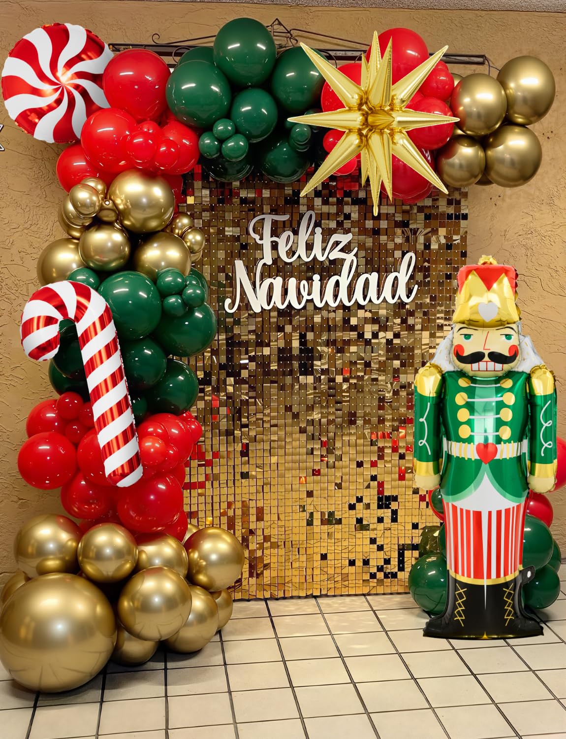 Christmas Balloon Arch Kit Garland - Red Green Gold Christma Balloons with Nutcracker Candy Cane Exploding Star Foil Balloons Xmas Balloon for Xmas Birthday New Year Party Decorations