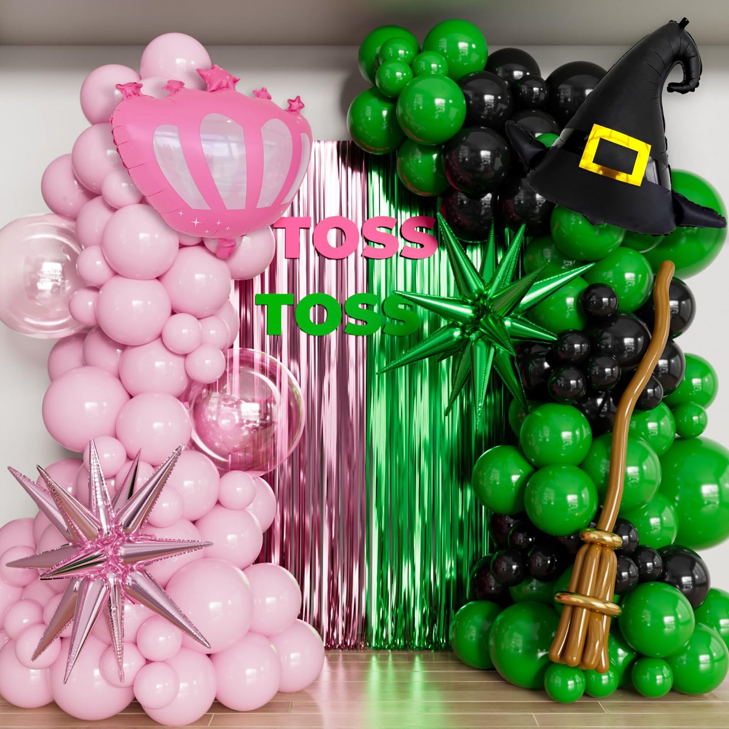Adeyoo Pink and Green Balloon Garland Arch Kit - Wicked Balloon Arch with Foil Fringe Curtains, Witch Hat Balloons Crown Star Broom Balloons for Princess Wicked Birthday Fairy Wonderlad Party Supplies