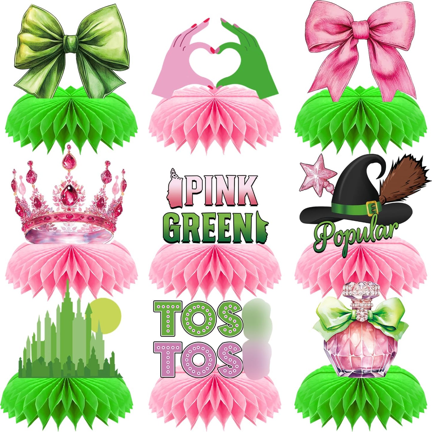Adeyoo Witch Table Decorations - 9 Pcs Witch Theme Party Decorations Centerpiece for Table Green and Pink Honeycomb Centerpieces Toppers for Princess Birthday Magical Party Supplies
