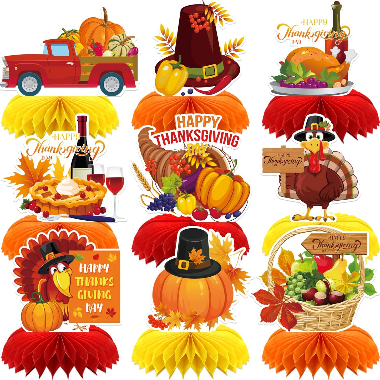 Adeyoo Thanksgiving Table Decorations - 9Pcs Fall Table Decorations 3D Fall Centerpieces for Tables, Turkey Pumpkin Honeycomb Centerpieces Autumn Table Topper for Autumn Thanksgiving Party Supplies