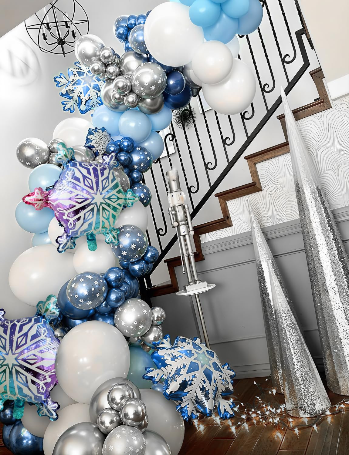 Snowflake Balloon Arch Garland Kit - 132Pcs Winter Wonderland Balloon Arch with Blue Silver White Balloons, Snowflake Foil Balloons for Winter Christmas Princess Theme Party Decorations