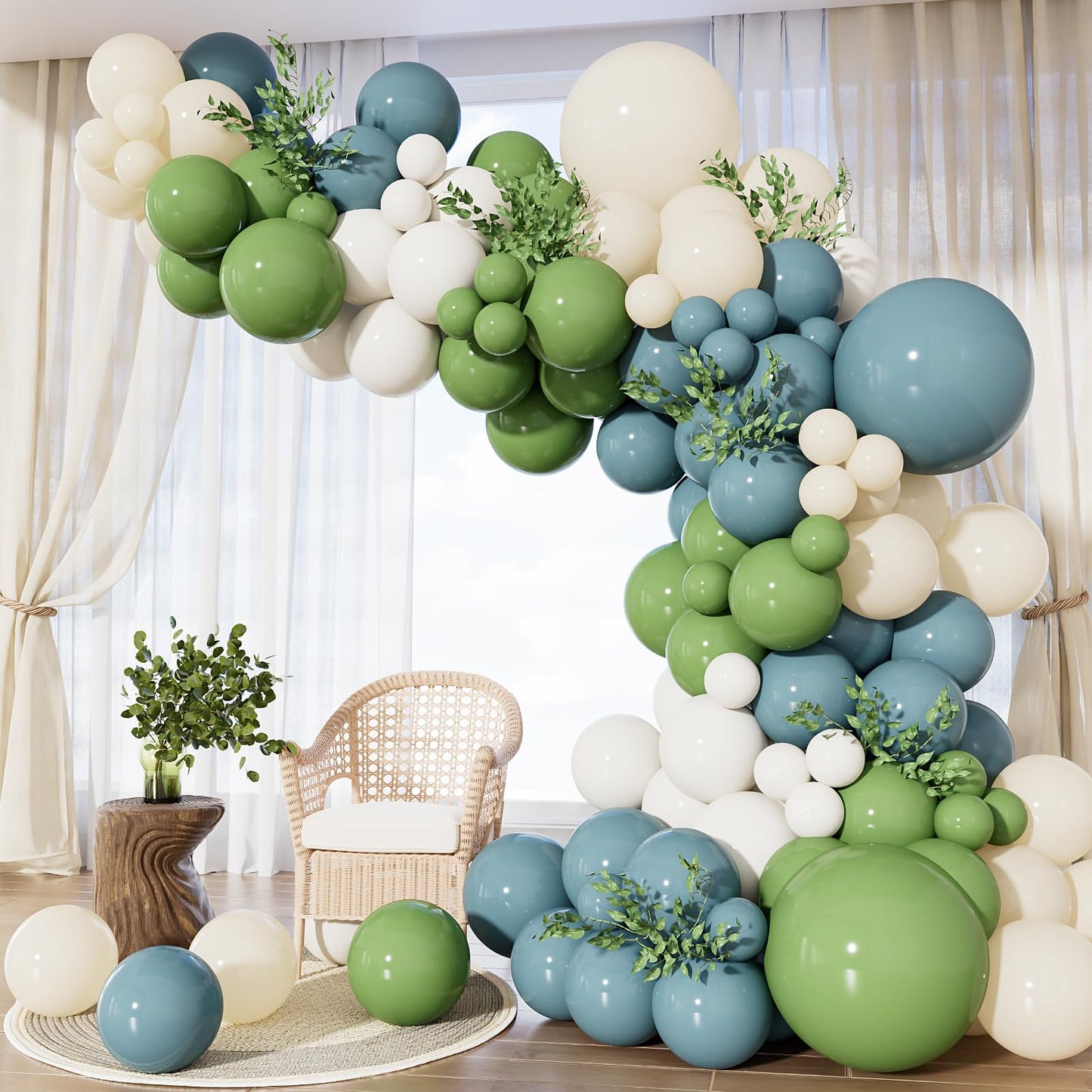 Adeyoo Dusty Blue Sage Green Balloon Arch Kit - Sage Green and White Balloons Dusty Blue Latex Balloon Sand WhiteParty Balloons for Baby Shower Birthday Wedding Jungle Safari Party Decorations, 143Pcs